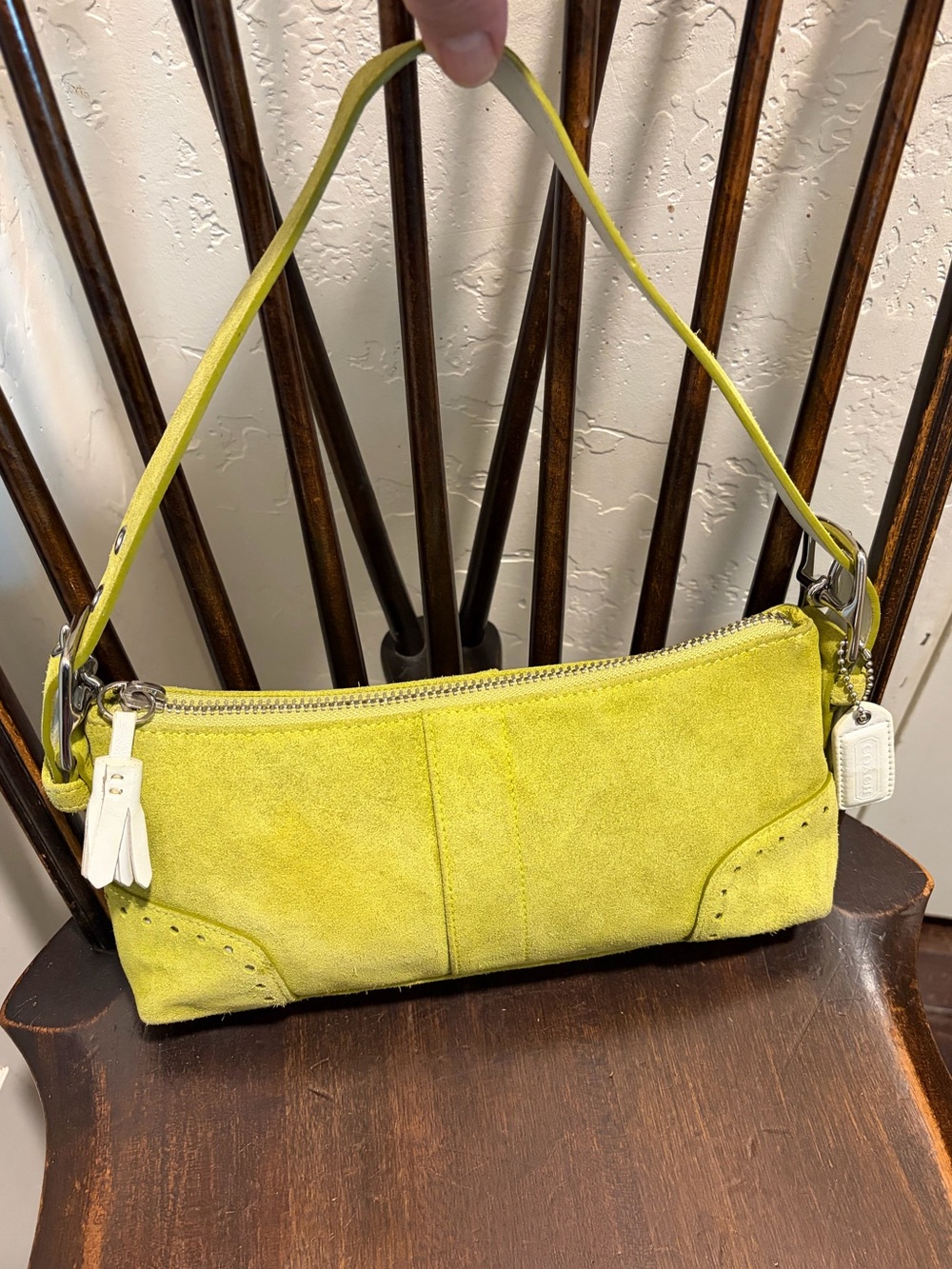 Vintage Coach 5032 Green Suede Baguette Hand Bag Leather  Purse